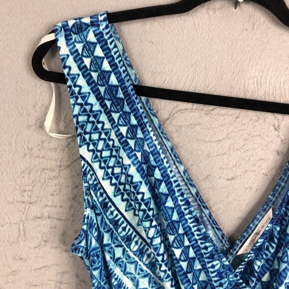 Boston Proper Dress Womens Large Blue White Artsy Abstract Wrap Slinky Knit NEW - Picture 14 of 16